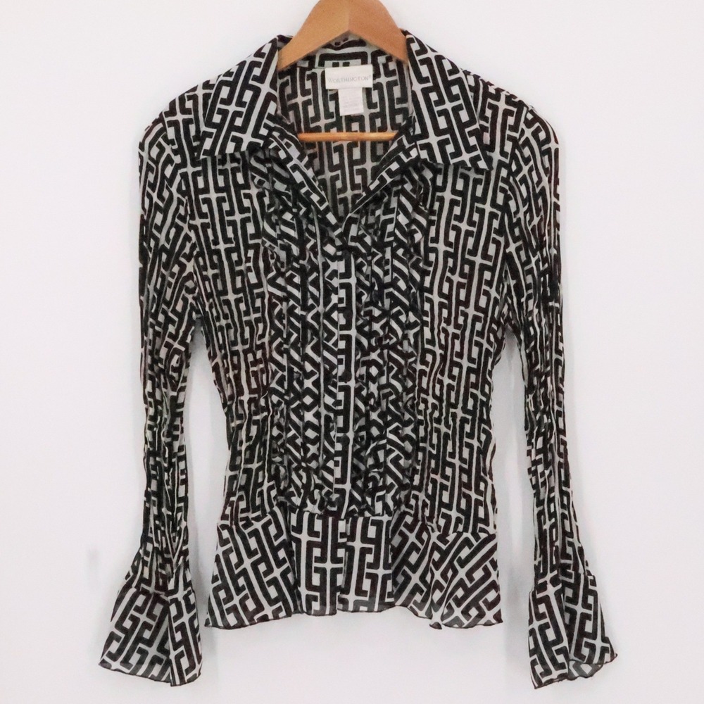 Y2K Ruffle Button Top Office Siren Flare Sleeves Vintage‎ Indie Sheer Size M
